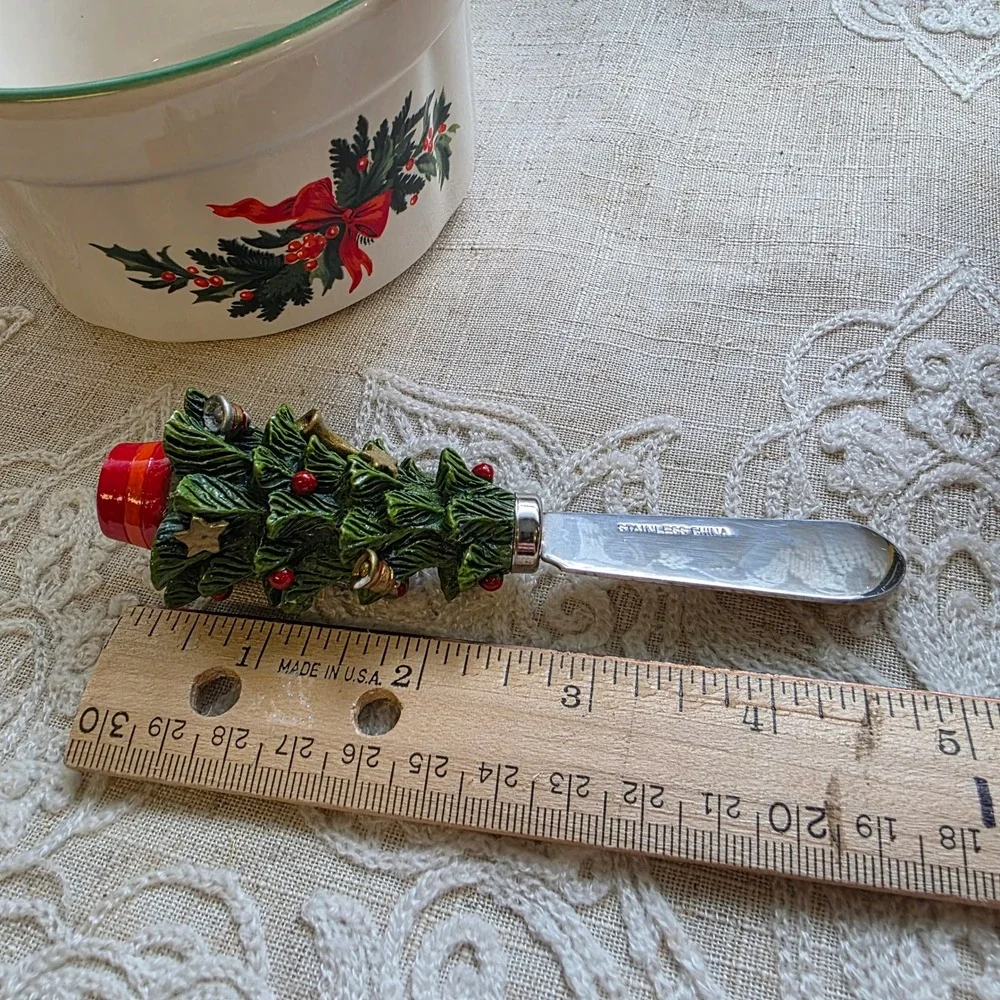 Pfaltzgraff Dip Bowl & Spreader Set 5in White Christmas Heritage Tree Handle
